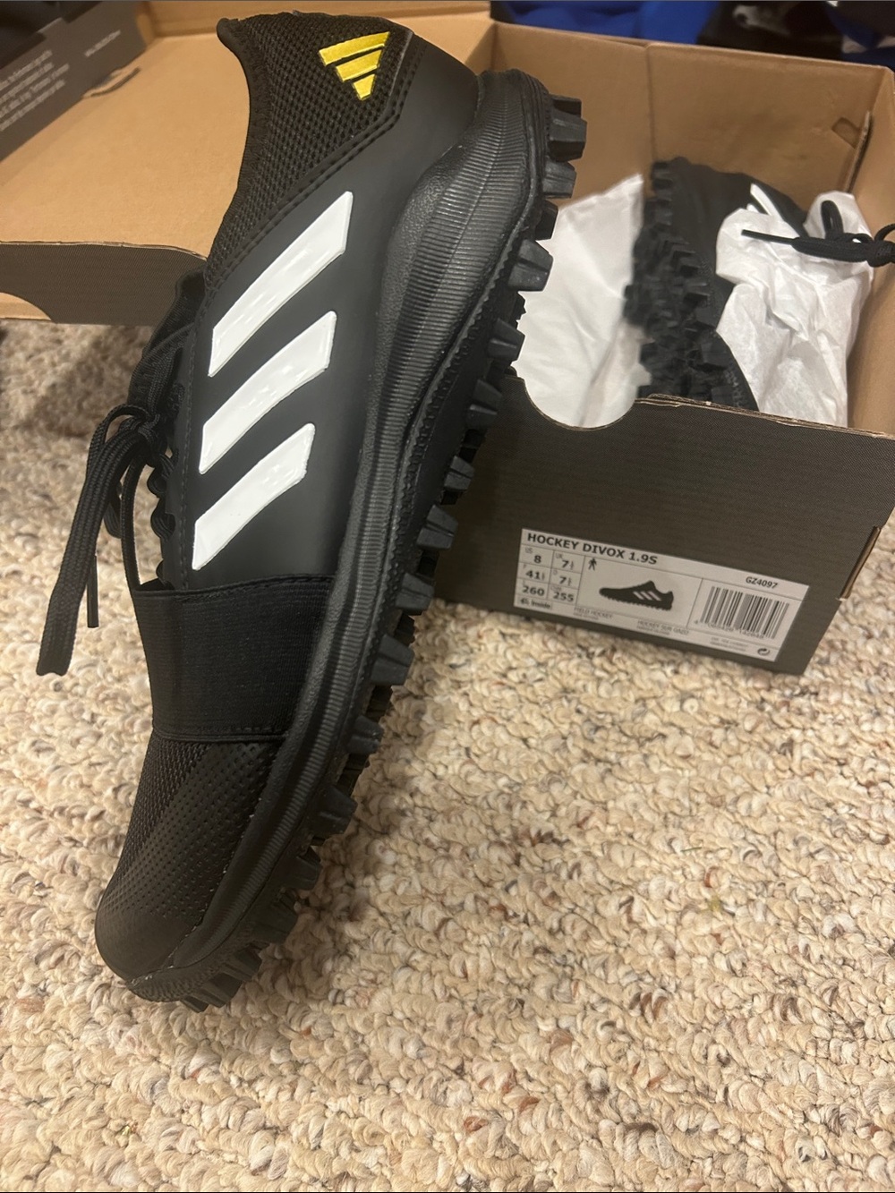 adidas Men’s Black Athletic Turf Shoes with White Stripes and Yellow Logo